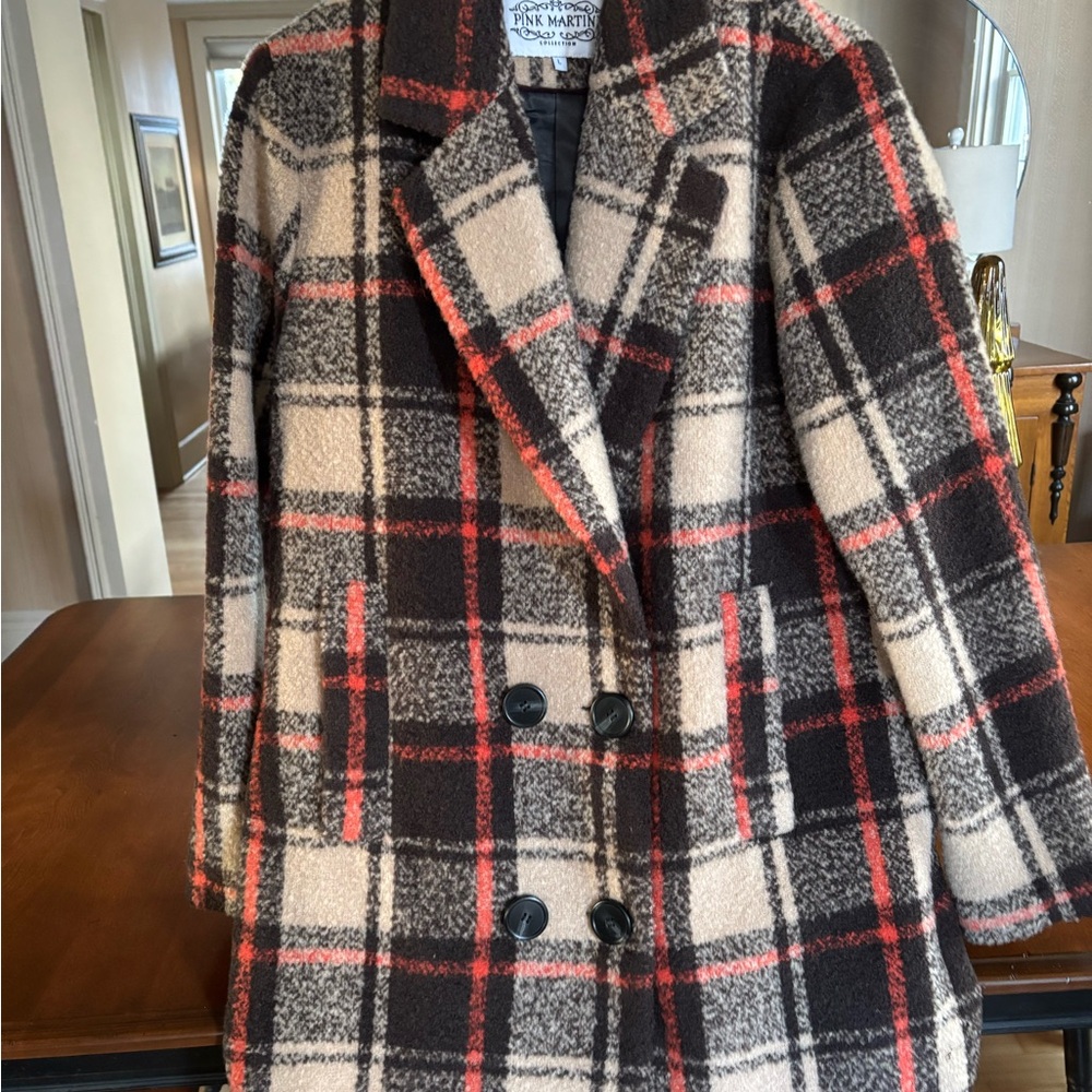 Pink Martini Women's Plaid Pea Coat - Black, Cream, Red